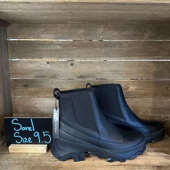 New Women Sorel Brex Chelsea Black Leather Mid Waterproof Ankle Boots Size 9.5 M - Picture 1 of 6